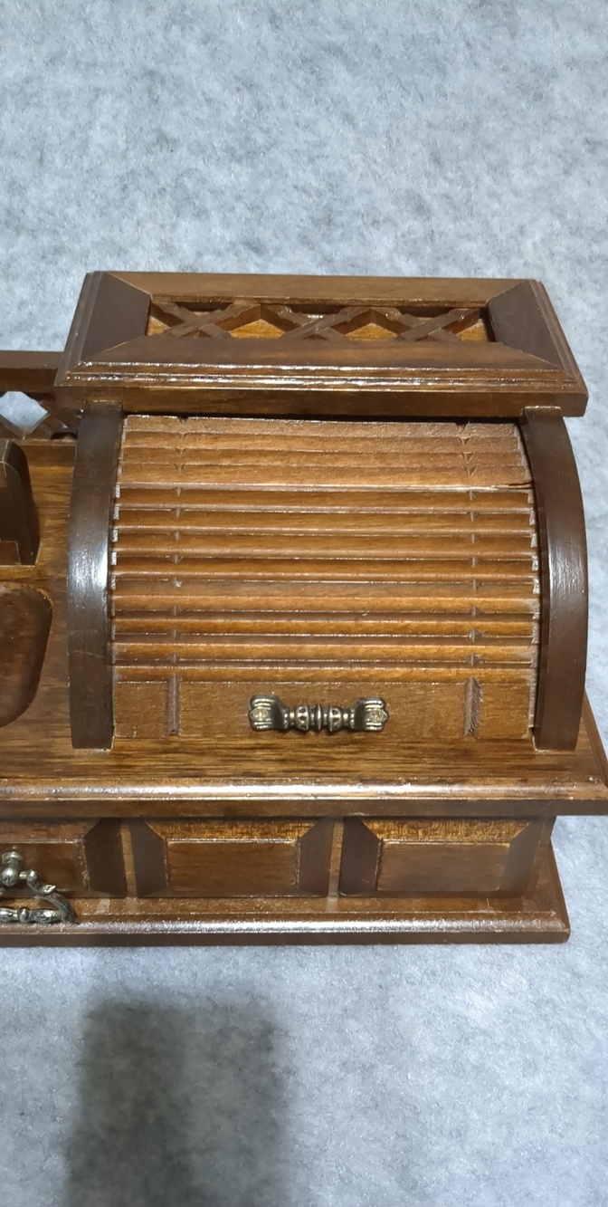 Vintage Wooden Jewelry Box Desk Organizer Roll-Top Velvet Storage Drawer - Picture 2 of 14